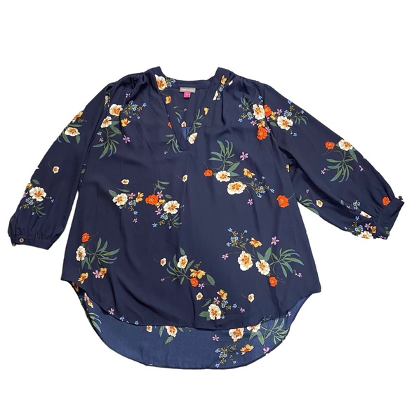 Vince Camuto Womens Blue Floral Top Size 2X Blouse V Neck 3/4 Sleeve Hi Low - Picture 2 of 12